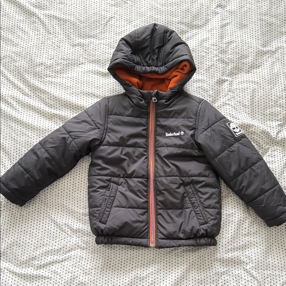 Timberland Kids Puffer Jacket in Charcoal and Tangerine